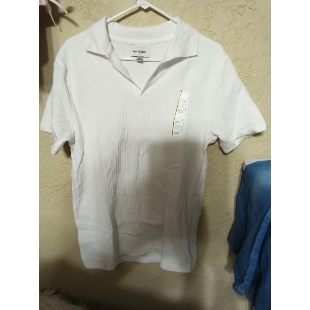 Goodfellow & Co Mens White Ribbed Short Sleeve Johnny Collar Polo Shirt Small